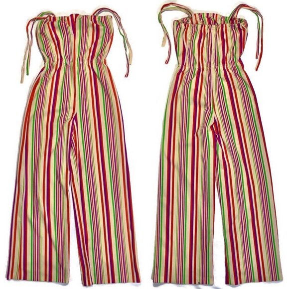 Vtg 70s wide straight leg jumpsuit straples disco colorful rainbow stripe XS S M - Picture 1 of 4